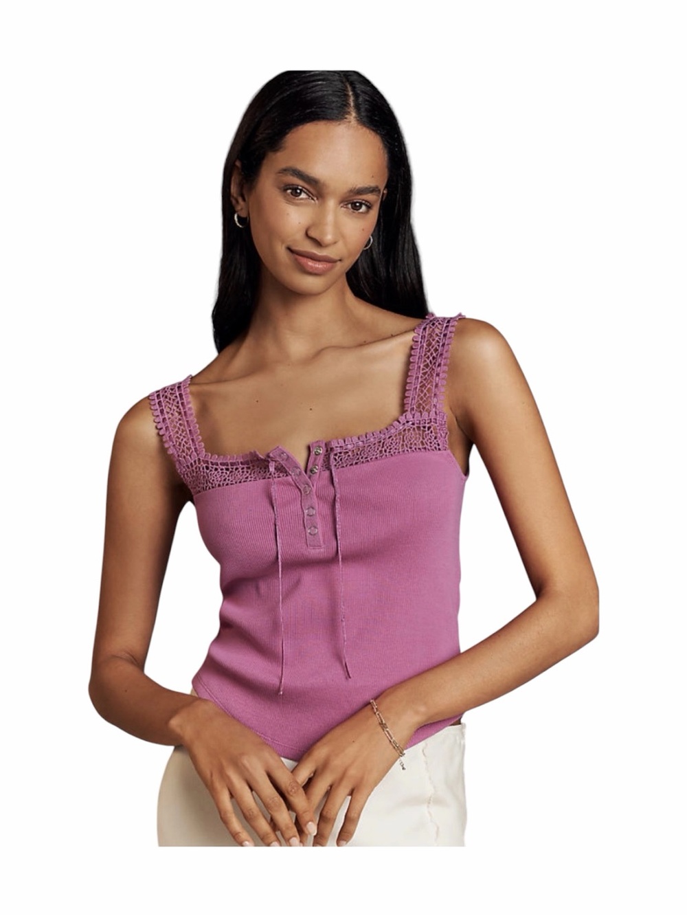 NWT-ANTHROPOLOGIE-Lace-Trim Ribbed Tank Top-size small-MSRP $58